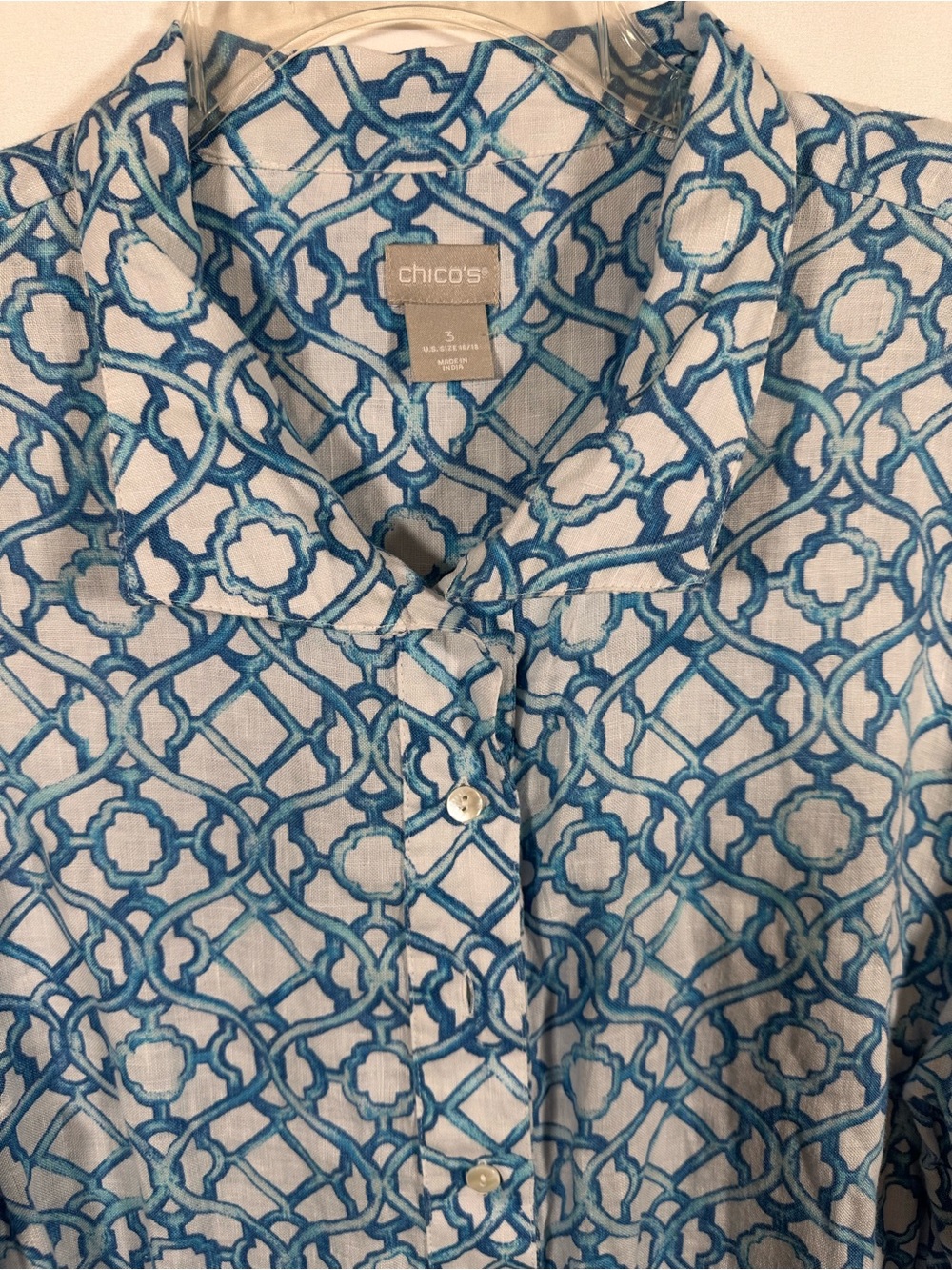 Chico's Blue White Lattice Trellis Linen Popover Tunic Blouse Size 3 XL / 16 - Picture 2 of 8
